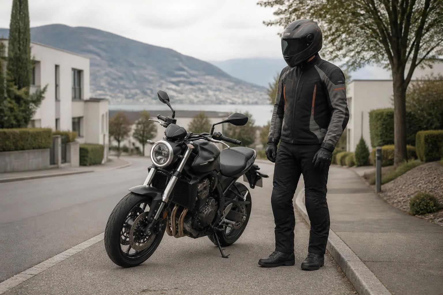 Motorradfahrer in voller Schutzausrüstung mit Helm neben einem Motorrad in einer ruhigen Vorortstrasse im Raum Zürich